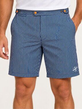 B Draddy Mens Mesh Lined Swim Trunks Navy Blue Stripe Adjustable Waist Size XXL